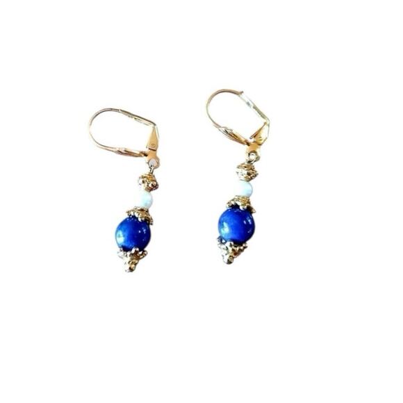 Lapis and Pearl Vintage Drop Earrings - Picture 1 of 3